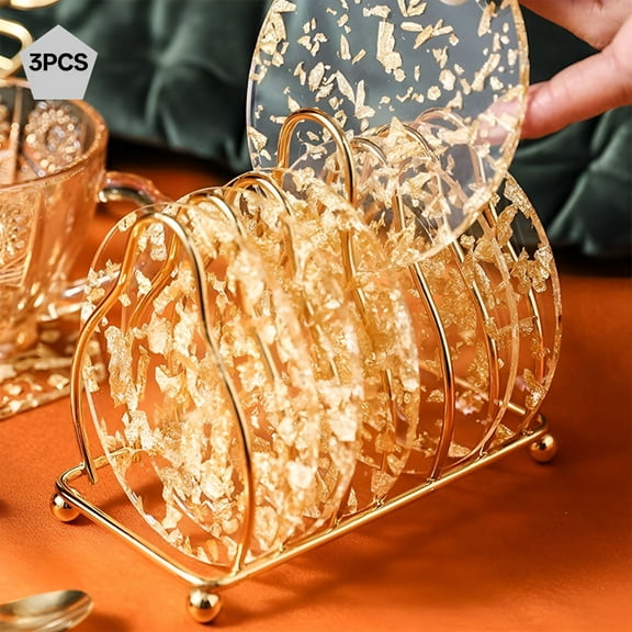 ACDANC 3Packs Coaster Set Gold Foil Acrylic Drinks Coasters Heat Proof for Tabletop Suitable for Kinds of Cups for Table