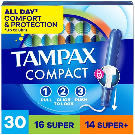 Tampax Compact Pearl Tampons Multipack, with LeakGuard Braid & Extendable Applicator, Super/Super Plus, 30 Count