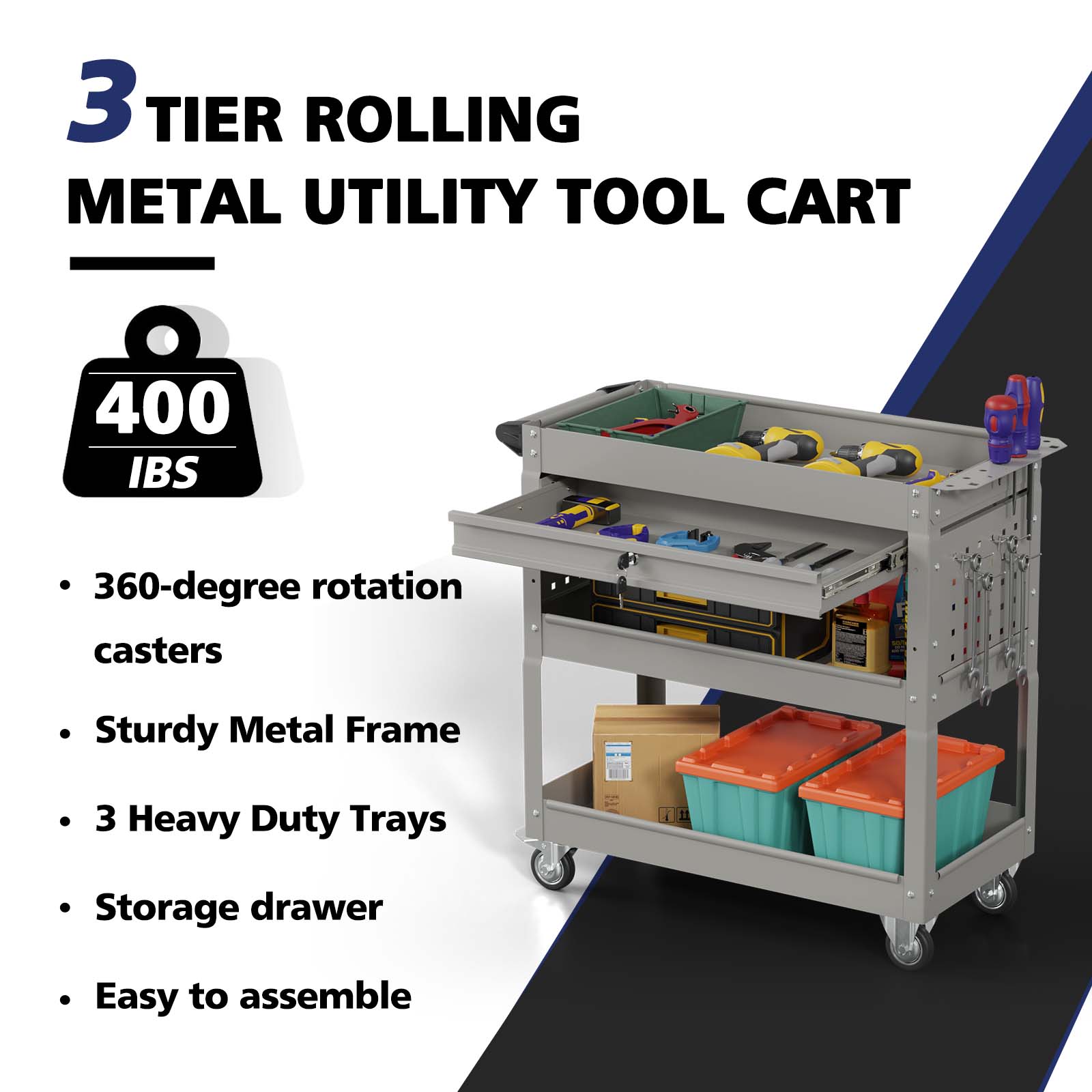 Odaof Big Tool Cart, 4-Wheel Tool Cart, Rolling Tool Cart, Big Tool Storage Cart, Tool Cart with Ball-Bearing Slides, Tool Cart & Tool Chest for Garage and Warehouse-Gray