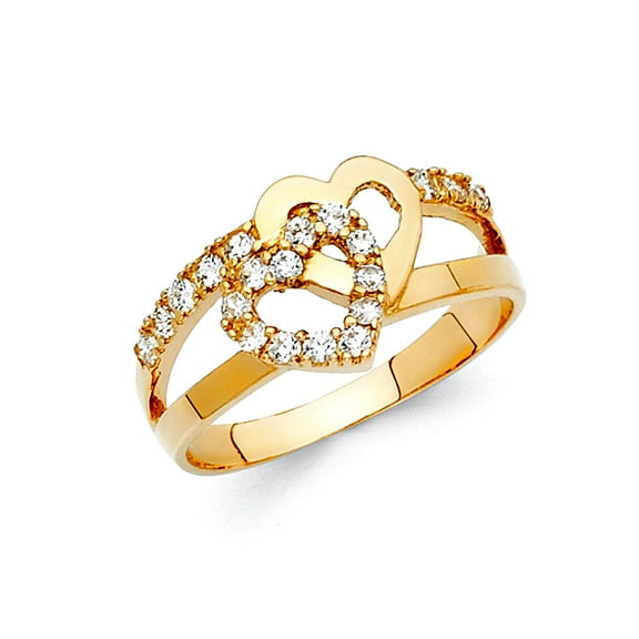 14k Yellow Gold Cubic Zirconia Fancy Love Heart Ring Size 7 Statement Ring for Women - 2.9 Grams