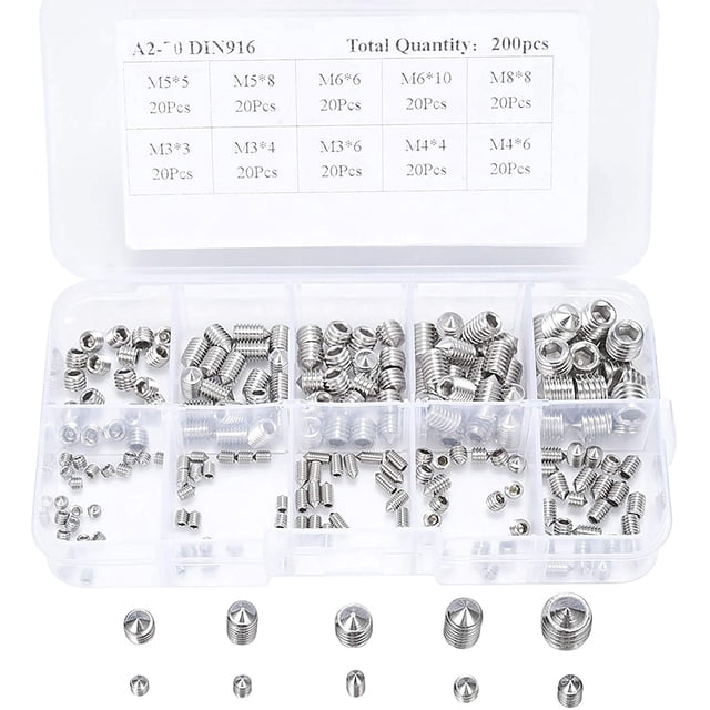 200 piezas de tornillos prisioneros, cabeza cónica, kits de tornillos de cabeza hueca hexagonal M3 M4 M5 M6 M8, acero inoxidable 304