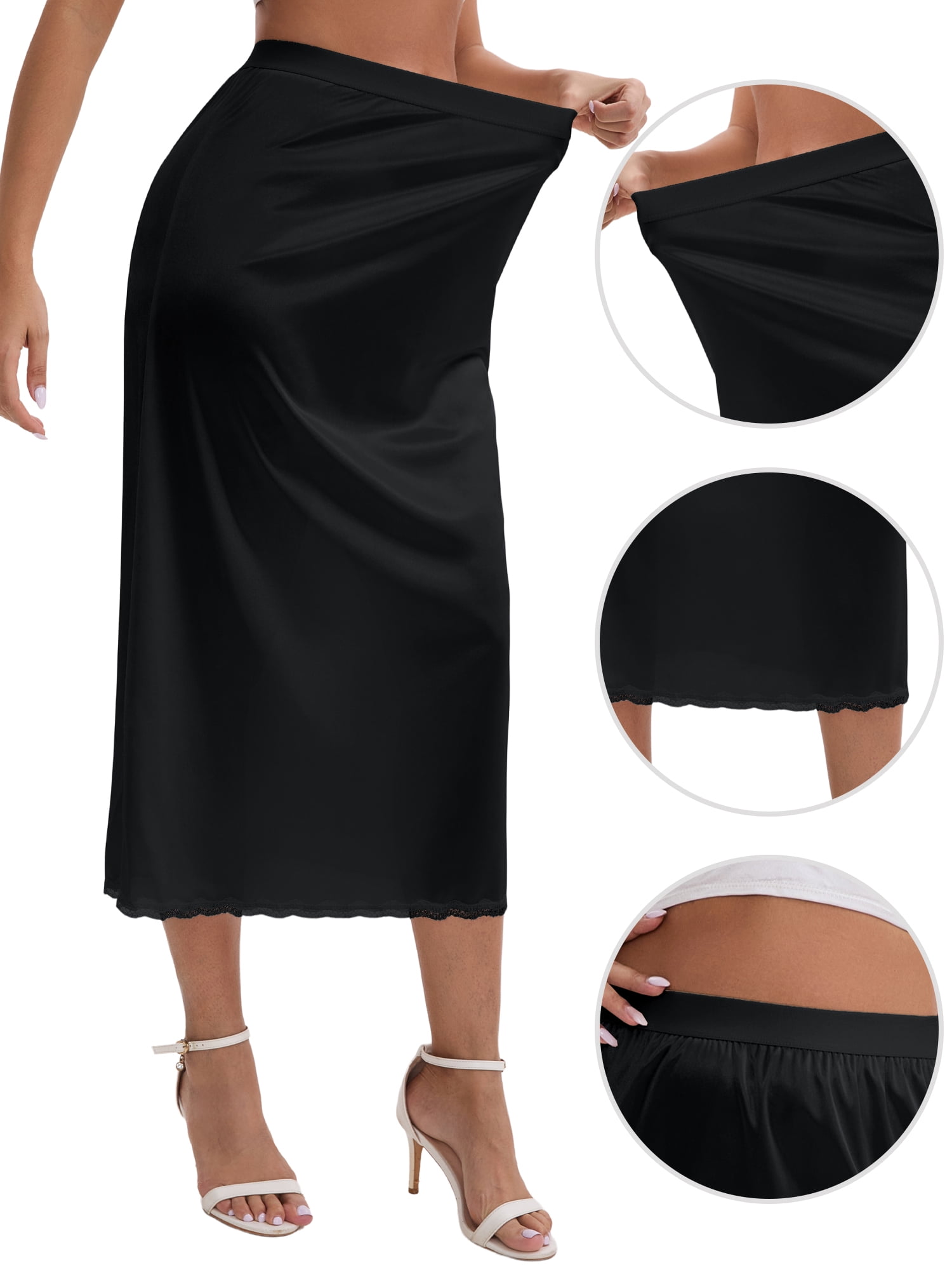 DARING DIVA Women's Satin Lace Trim Flared Hem Lightweight Maxi Half Slip M Black
