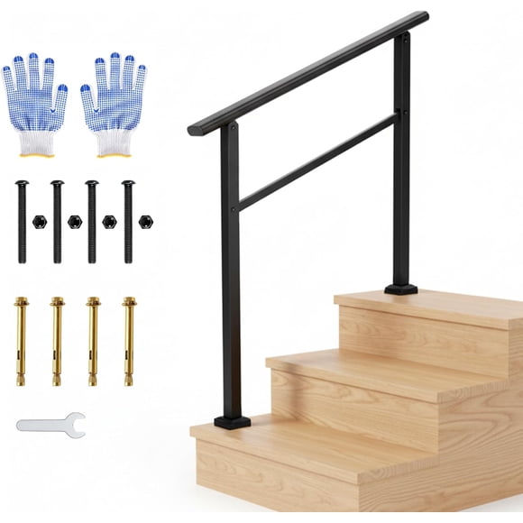 YUSAZENS 3 Step Outdoor Step Railing, Aluminum Alloy Handrail with Iron Post Crossbar, Matte Black, Includes Gloves Wrench and Expansion Bolts