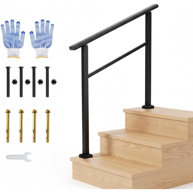 3-Step Outdoor Stair Handrail Kit Black Aluminum and Iron Construction Adjustable 0 -45 Angle Easy DIY Installation with All Hardware and Gloves Included