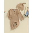 thumbnail image 3 of Newborn Baby Girls Boys Romper Bodysuit Long Sleeve Solid Ribbed Jumpsuit Hat Set Coming Home Outfits Neutral Clothes, 3 of 8