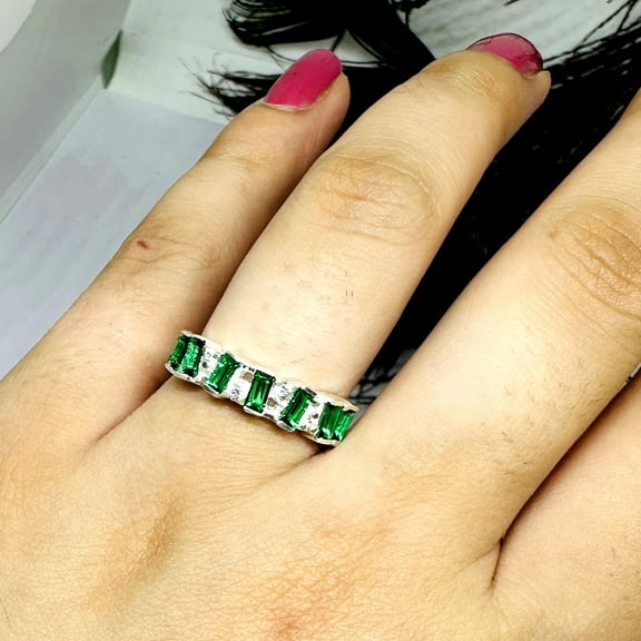 Emerald Green Baguette Eternity Band: Sterling Silver Stacking Ring