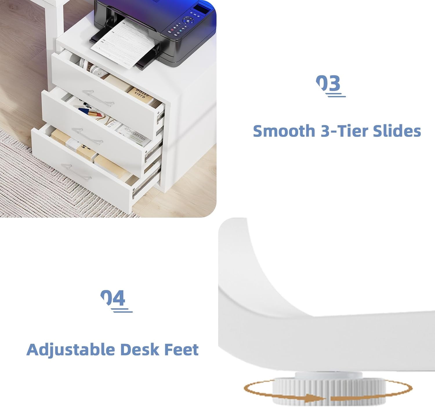 DreamCurship 67 inch White Desk with Monitor Stand, Computer Desk with Adjustable LED Light, Reversible Home Office Desk with 3 Storage Drawers, White