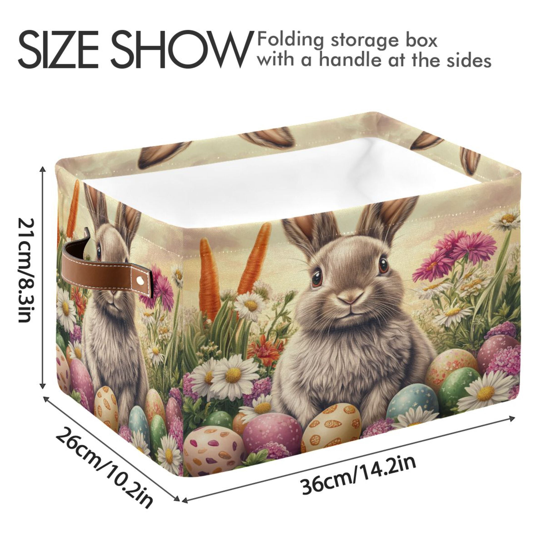 WOBOGO Lovely Easter Bunny Square Storage Basket with Waterproof Canvas and PE Lining Durable PU Leather Handles 14.2×10.2×8.3in
