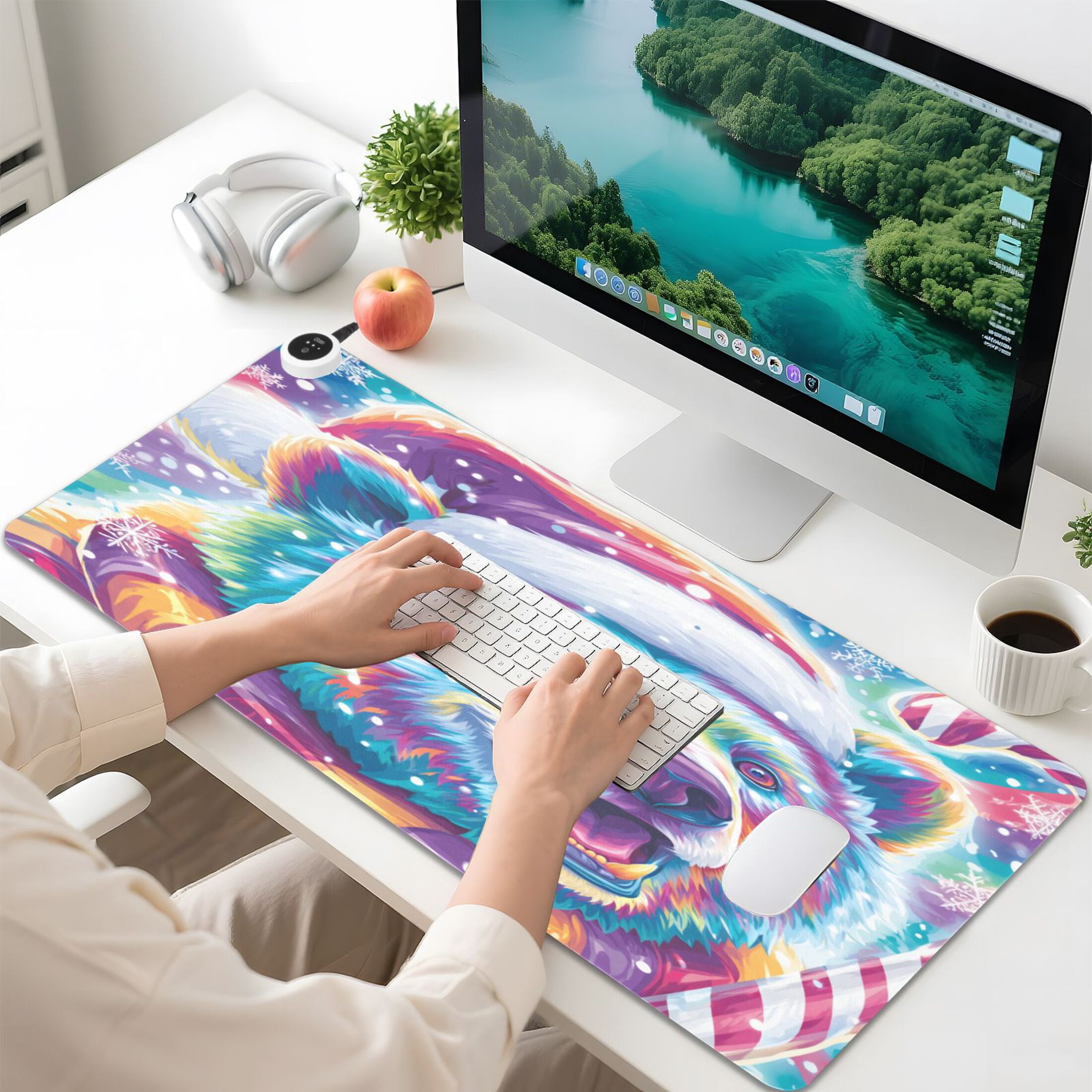 Large Heated Desk Mat Mouse Pad 31.5"x13"PU Leather Graphene Heating Desk Warmer with 3 Temperature Settings 110V US Plug Non-Slip Warm Pad for Home, Office, and Gaming Cute Smiling Polar Bear