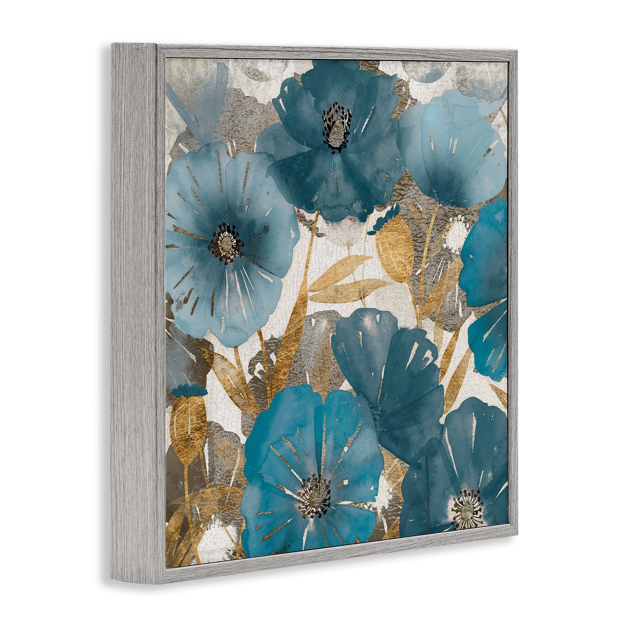 Stupell Industries Elegant Blue Florals Abstract Botanical & Floral Painting Gray Framed Art Print Wall Art, 17 x 17