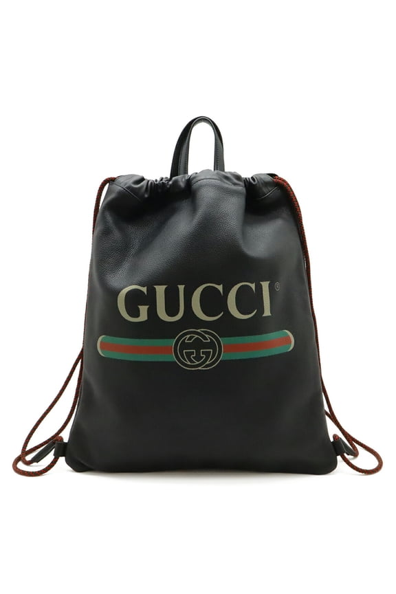 Pre-Owned GUCCI Gucci Print Drawstring Backpack Rucksack Tote Bag Style Leather Black 494053