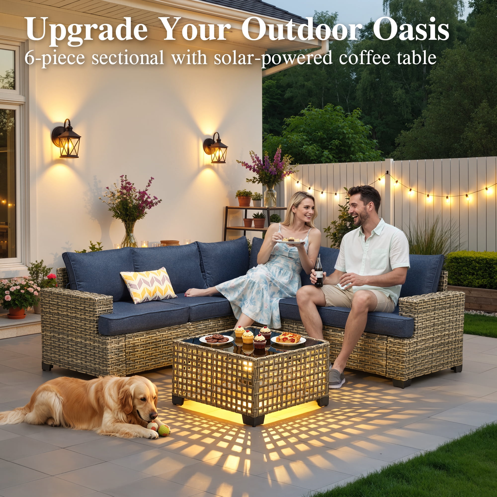 Ovios 6-Piece Outdoor Patio Furniture Set with Solar-Powered Lighted Coffee Table, All-Weather Wicker L-Shaped Sectional Sofa, Denim Blue