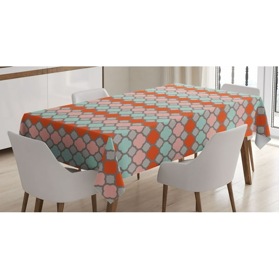 Quatrefoil Tablecloth, Colorful Folkloric Eastern Pattern Tracery Illustration with Modern Edges, Rectangle Satin Table Cover Accent for Dining Room and Kitchen, 60" X 90", Multicolor, by Ambesonne
