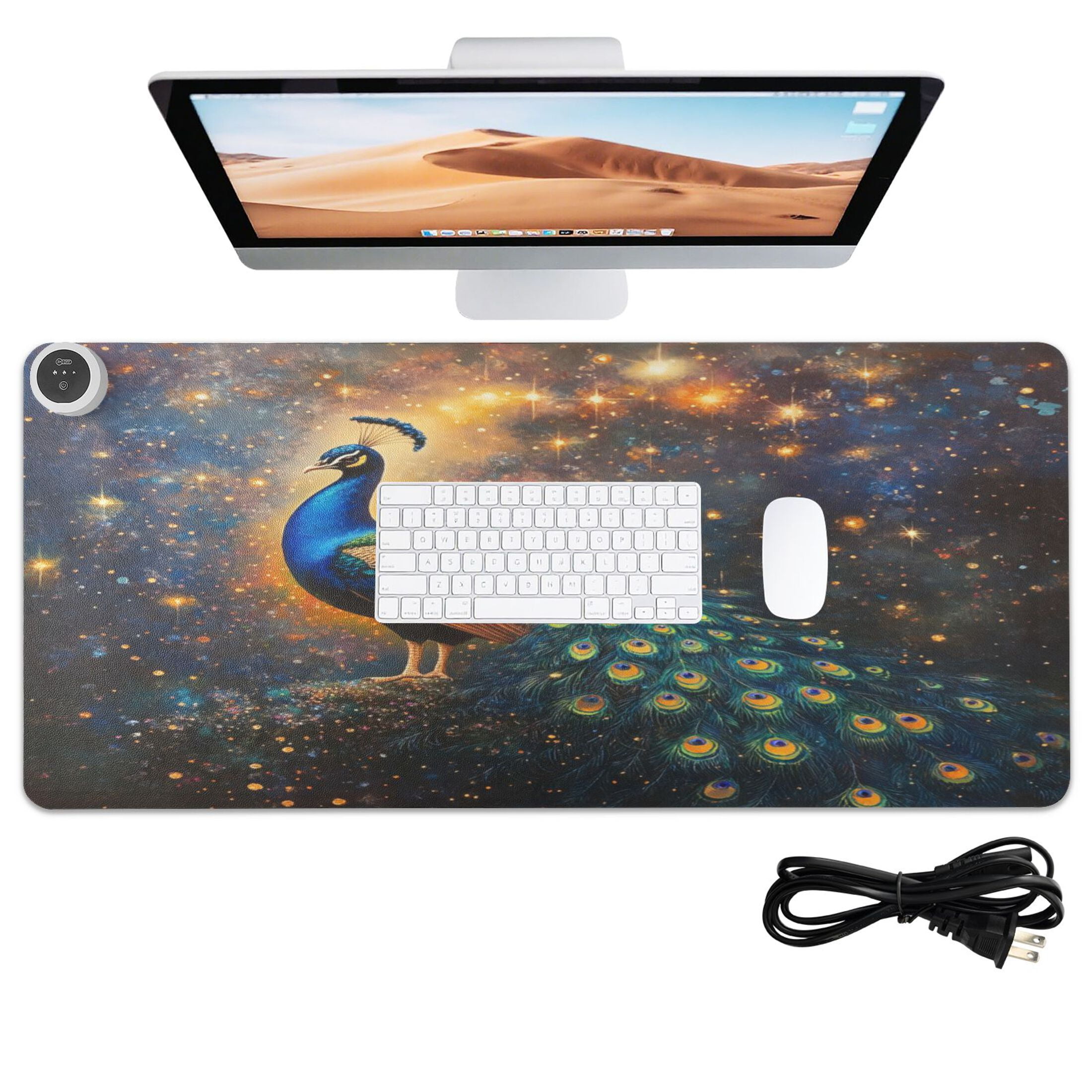 Wobogo Peacock Of Stars Heated Mouse Pad Extra-Large Desk Mat With 3 Heating Levels and 3-hour Auto Shut-Off Protection Ideal for Computer Keyboards Home Office Hand-warming Essential 31.5in × 13in