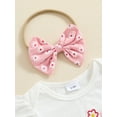 thumbnail image 3 of Niusricy Toddler Baby Girl Summer Outfit Sets 0-18M Kids Fly Sleeve Romper Letter Embroidery Jumpsuits with Floral Pattern Belted Shorts and Bow Headband Infant Newborn Fashion Cute Clothes for Daily, 3 of 9