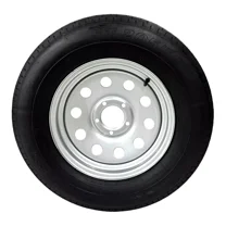 ST205/75R15 TRAILQUEST RADIAL TRAILER TIRE ON RIM, LOAD RANGE C 6 PLY, ON 5 LUG SILVER MODULAR STYLE WHEEL WITH 5X4.5" BOLT PATTERN. REPLACES F78 OR D15 - INCLUDES WARRANTY