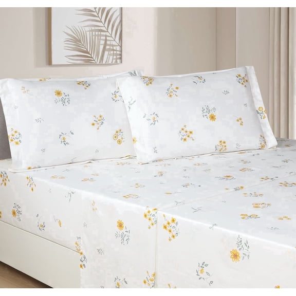 Say Yes Bedding Classic 4-Piece 220 Thread Count Yellow Floral 100% Cotton Sheet Set, King - Antimicrobial