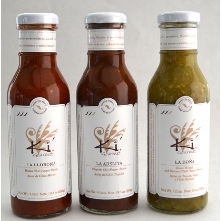 3 pack Mexican Gourmet Salsas: La Llorona (Morita Chili) La Adelita (Chipotle Chili) and La Doña (Green Sauce) by Ki' Gourmet