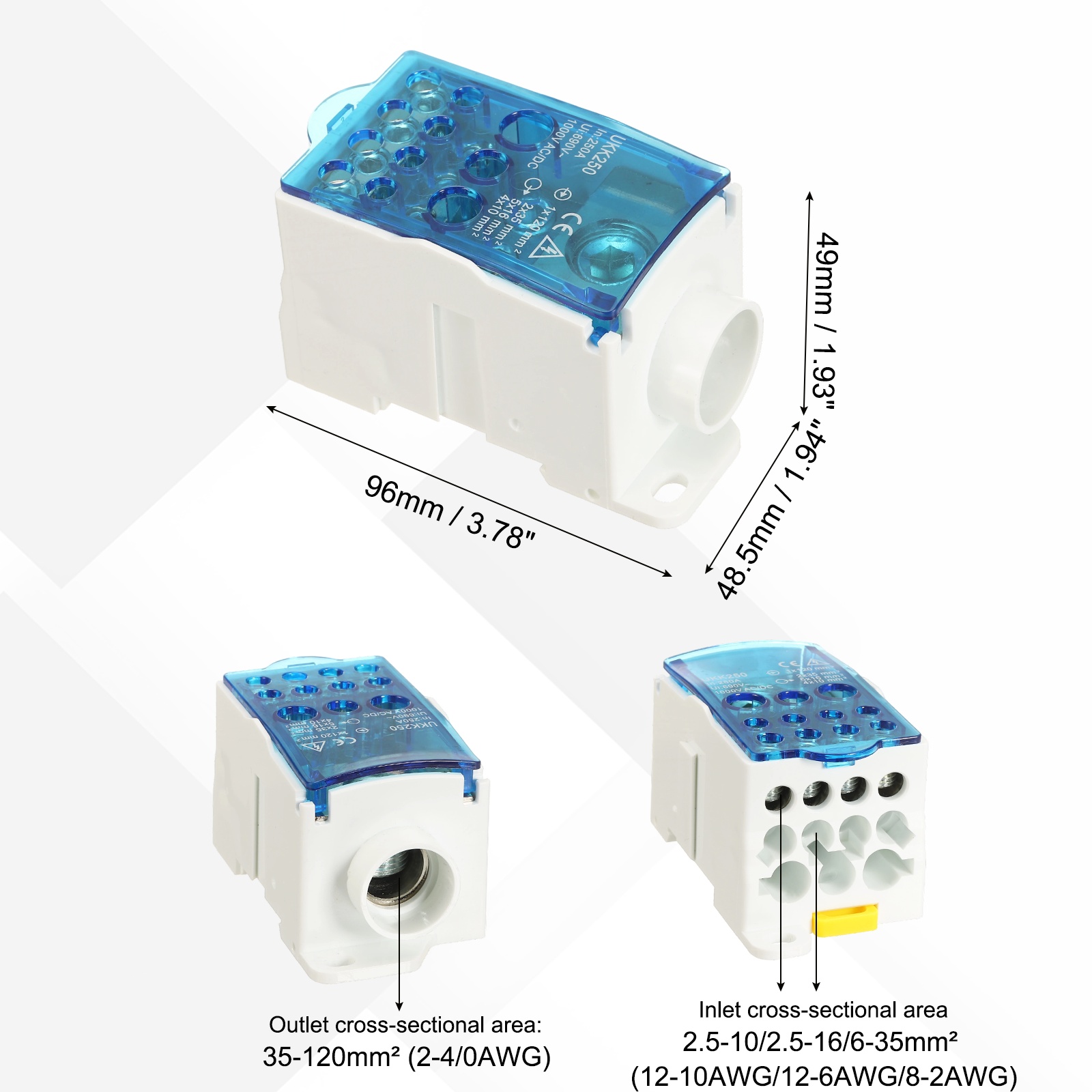 Uxcell 1 in 11 Out Rail Terminal Blocks, 690V 250A Connectors Power Distribution Block with Flame-Retardant Housing, Blue 1.91In Width