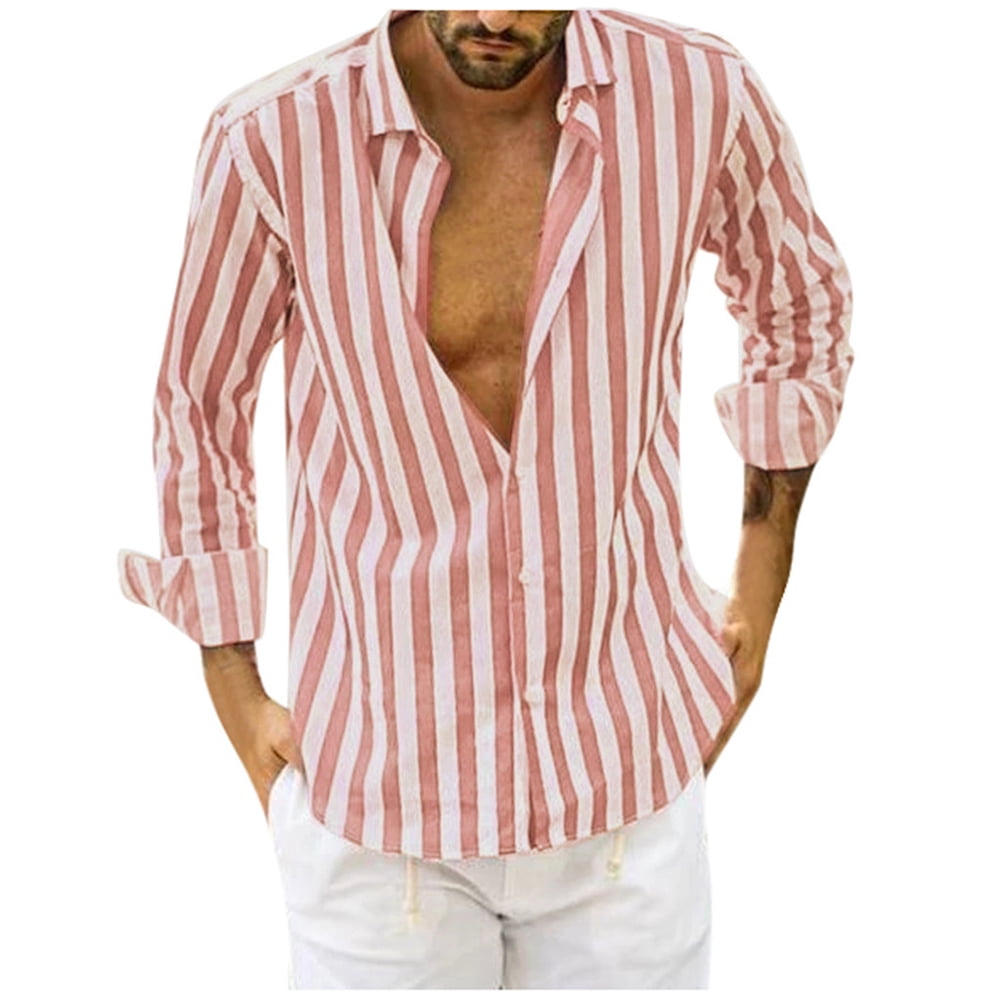 2019 Casual Shirts Men Oxford Slim Fit Shirt Mens Autumn Winter Casual Striped Print Long Sleeve Button Top Blouse,Pink,L,United States