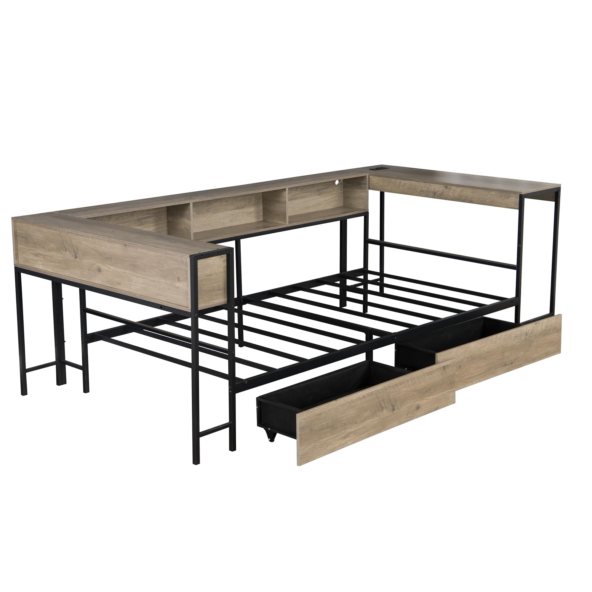 Miniyam Twin Size Daybed with Desk, LED Lights, Charging Station and 2 Storage Drawers, Gray