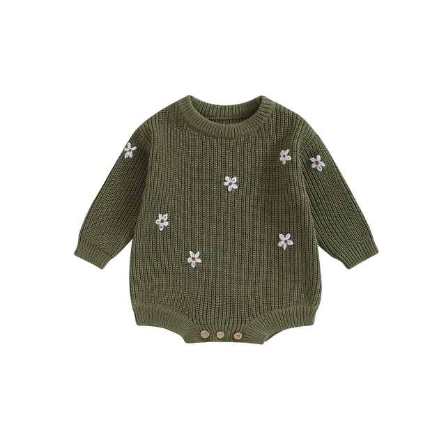 Faithtur Bébé Fille Tricot Combinaison Fleur Broderie Col Rond Manches Longues Romper pour l'Automne Hiver