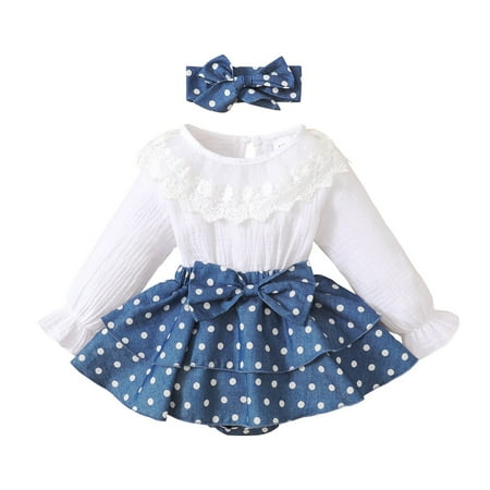 

Toddler Baby Girls Clothes Baby Girls Dress Long Sleeve Round Neckline Romper Dress Polka Dots Dress Headband Set White 12-18 Months