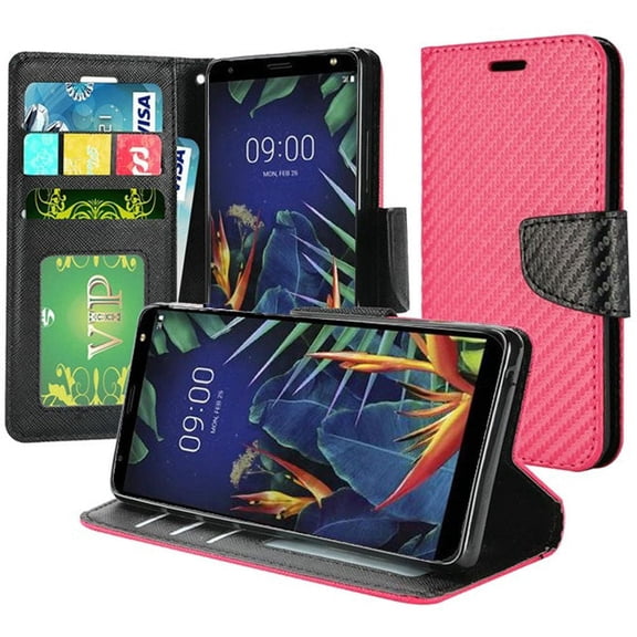 GSA Carbon Fiber Flip Wallet Case for LG K40, Harmony 3 - Hot Pink/Black