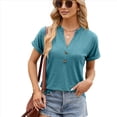 thumbnail image 3 of Camisetas de Mujer Modernas con Cuello en V y Botones, de Corta, Informales, Básicas, Holgadas Azul Pavo Real S, 3 of 10