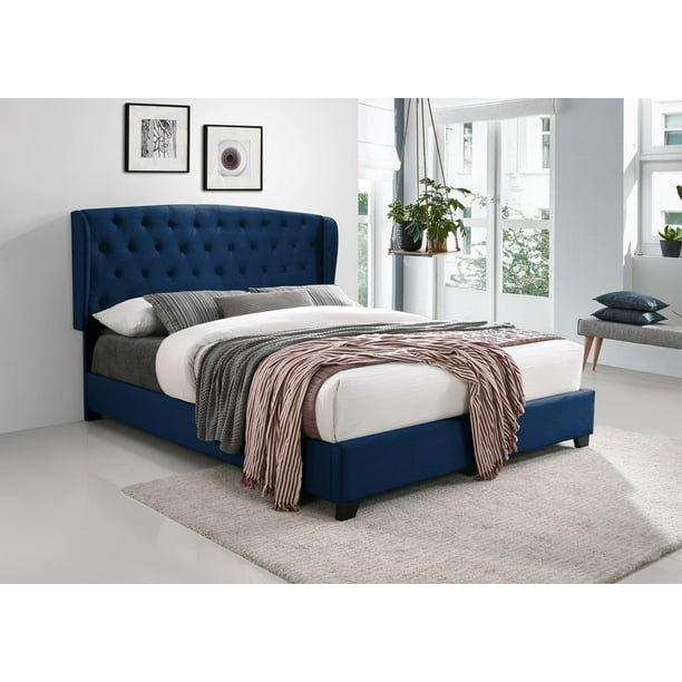 Contemporary Queen Size Bed 1Pc Beautiful Blue Velvet Upholstery Fabric