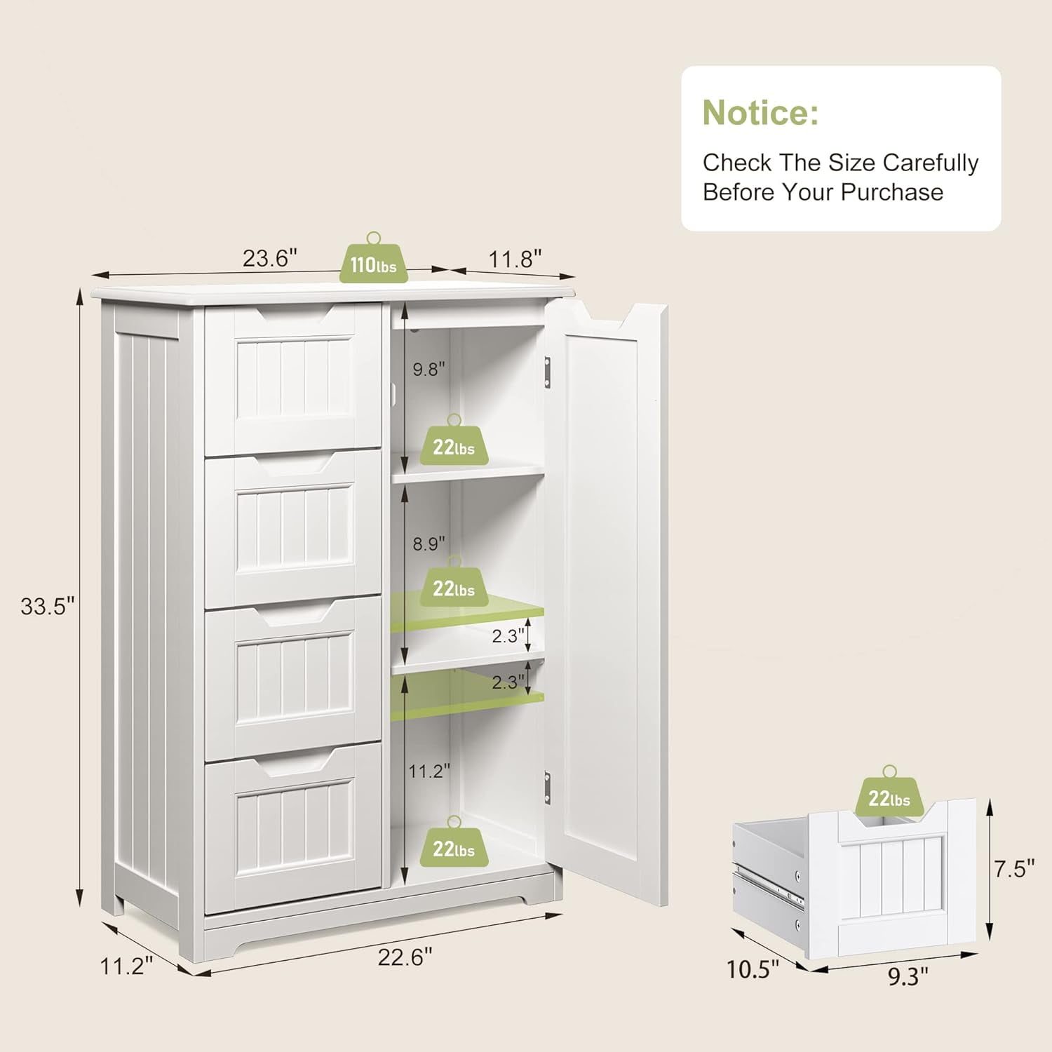 33'' Small Food Pantry Cabinet with Doors and Shelves, Noelse Wooden Kitchen Storage Cabinet with 4 Drawers for Kitchen Organization, White