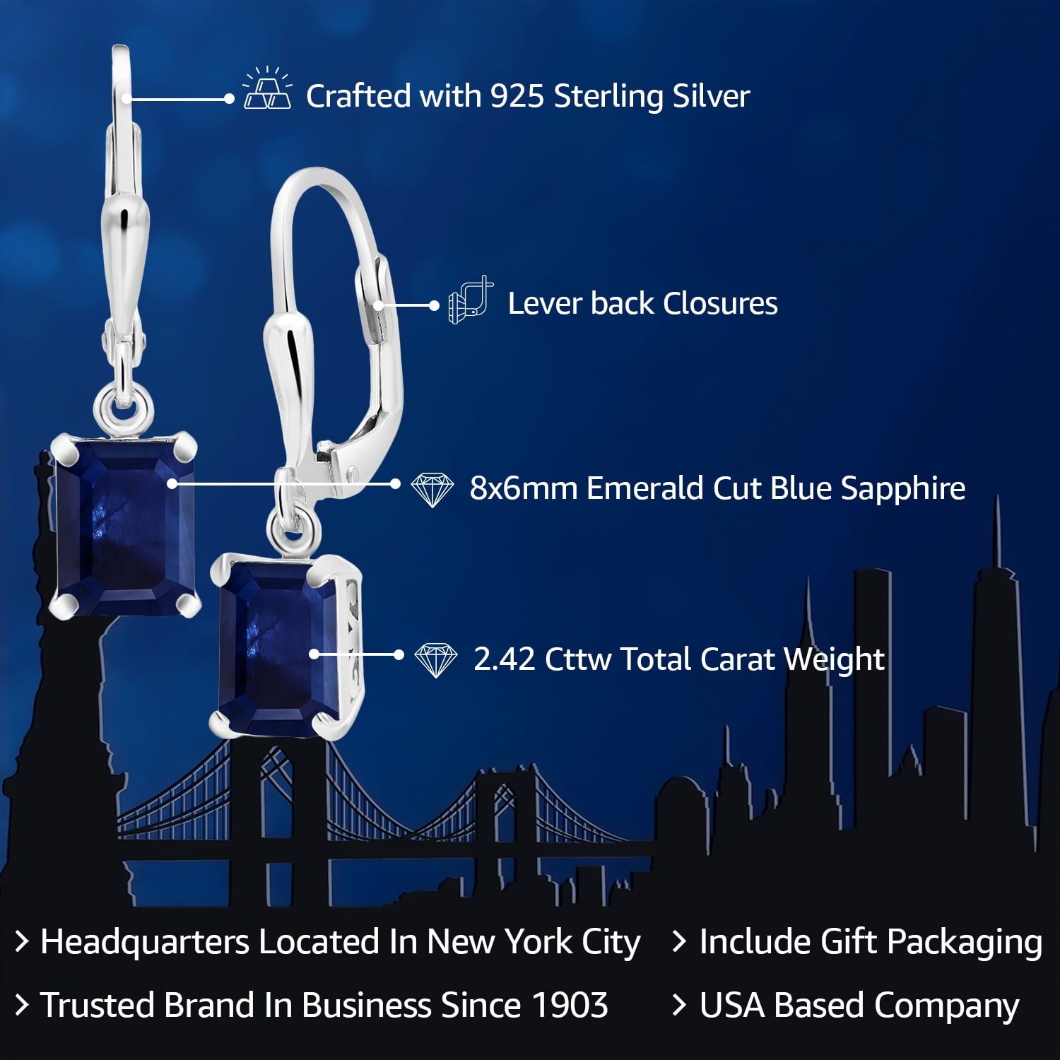 Gem Stone King 925 Sterling Silver Blue Sapphire Dangle Earrings for Women (2.42 Cttw, Gemstone September Birthstone, Octagon 8X6MM)