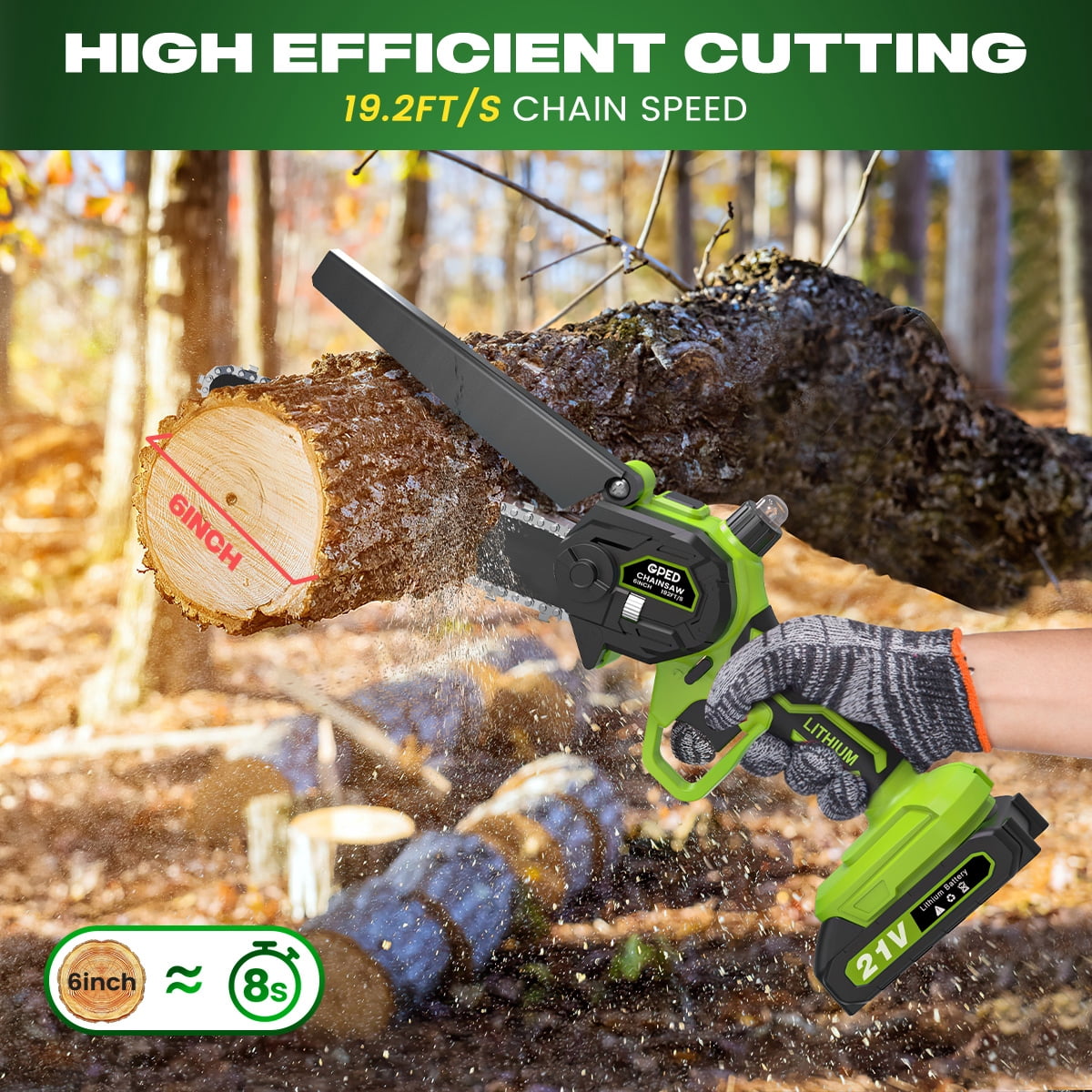 GPED Mini Chainsaw Cordless 6 inch with 2 Battery, Mini Power Chain Saw with Security Lock, Electric Chainsaw, Handheld Small Chainsaw for Tree Trimming Wood Cutting, Green