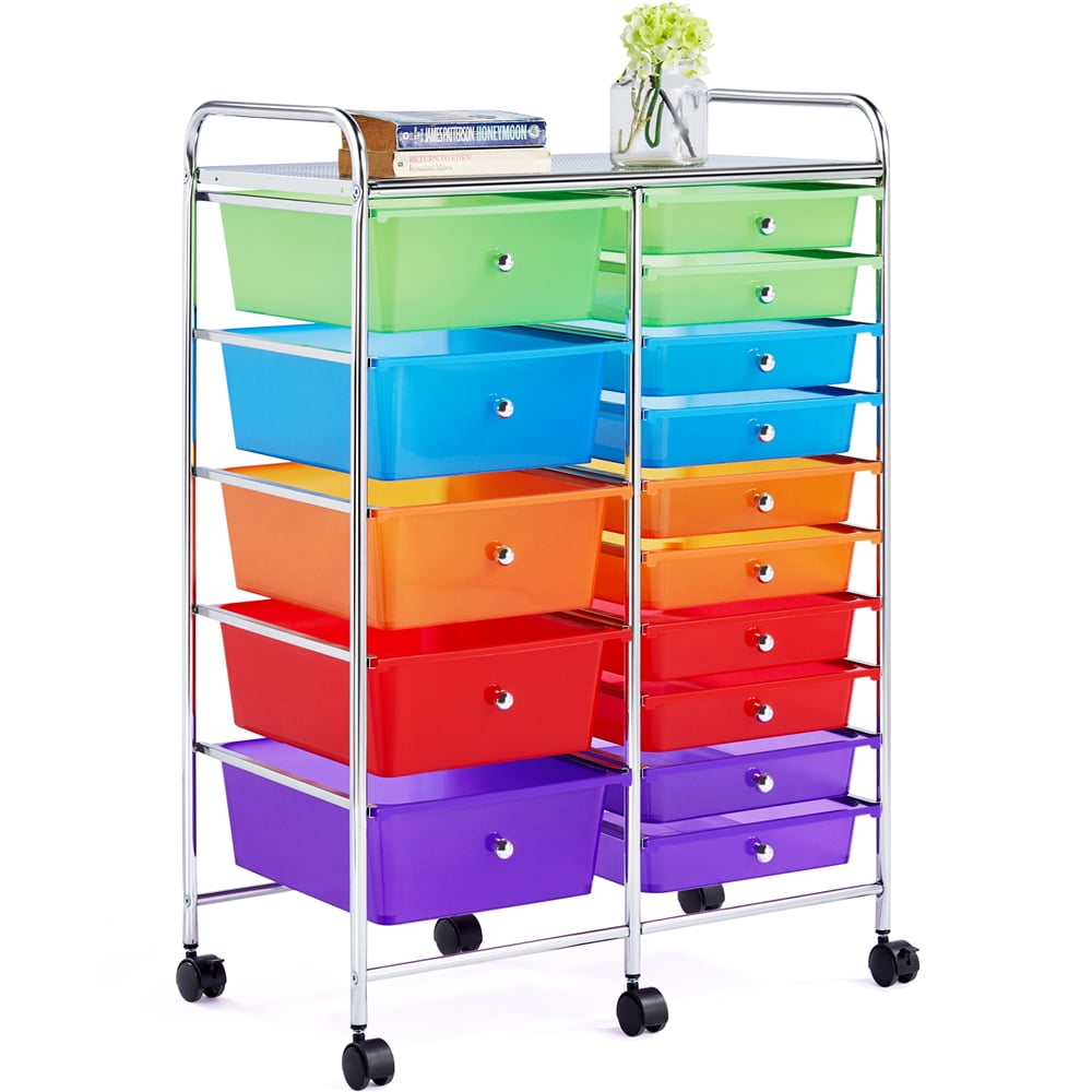 Multipurpose Mobile Organiser Shelving Unit for Makeup Beauty Salon COSTWAY Drawers Storage Trolley Blue + Green Home Office Stationary Rolling Cart with Shelves and Wheels