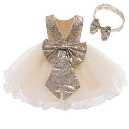 

QIPOPIQ Girls Clothes Clearance Baby Girls Sequins Bowknot Dresses Lace Pageant Party Wedding Tutu Gown Hairband