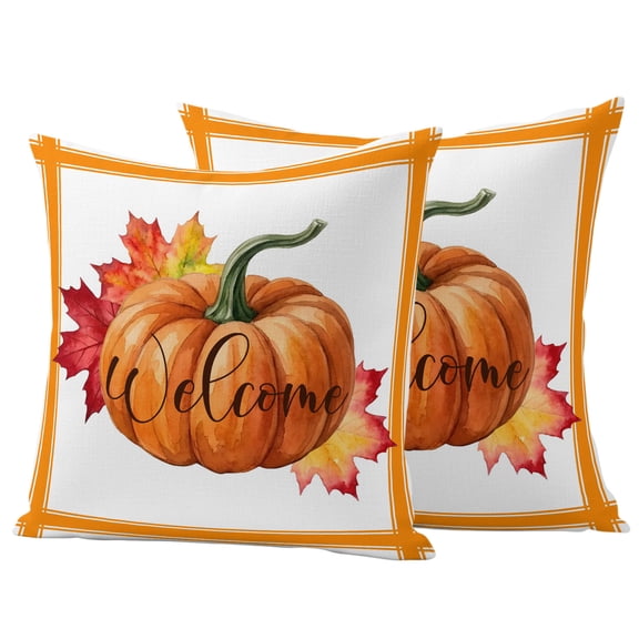 Thanksgiving Maple Leaves Outdoor Waterproof Pillow Covers, Fall Pumpkins Orange Striped Decorative Square Throw Pillowcase Sofa Cushion Sham for Patio/Couch/Chair, 20"x20" 2 Pack