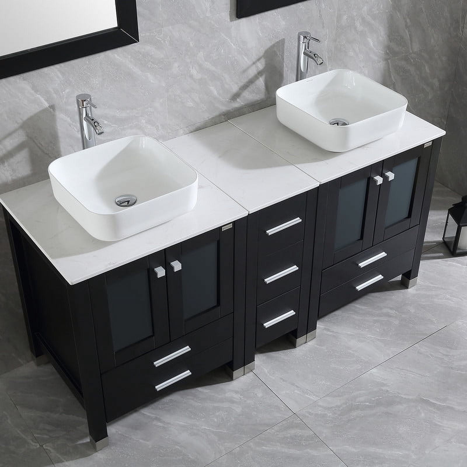 Wonline 60" Luxurious Bathroom Vanity and Sink Combo Wood Cabinet Top Round Ceramic Vessel Sink Faucet Drain Combo with Mirror Vanities Set,Black