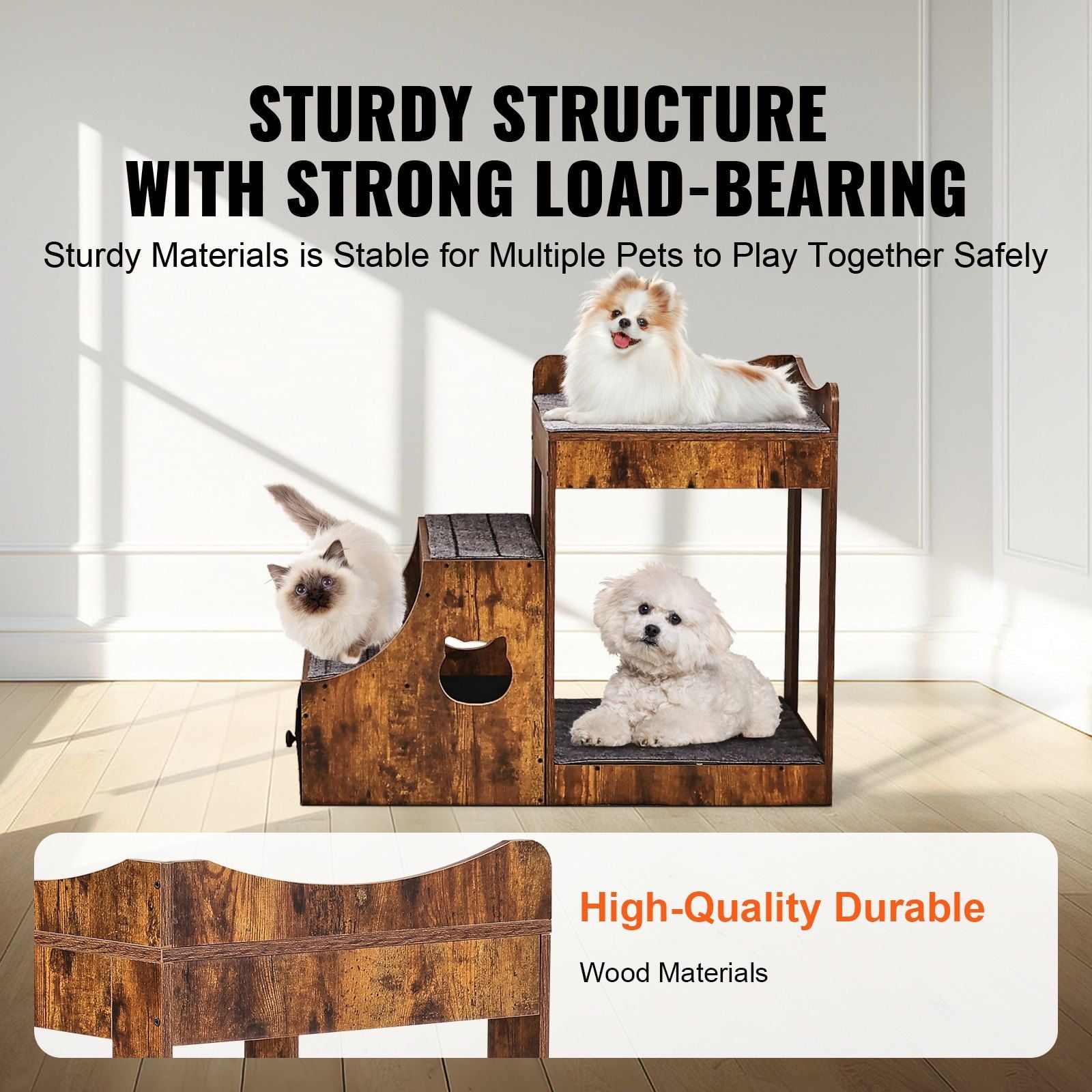 Indoor Pet Bunk Bed with Stairs – Dog/Cat Window Perch with Storage, Brown