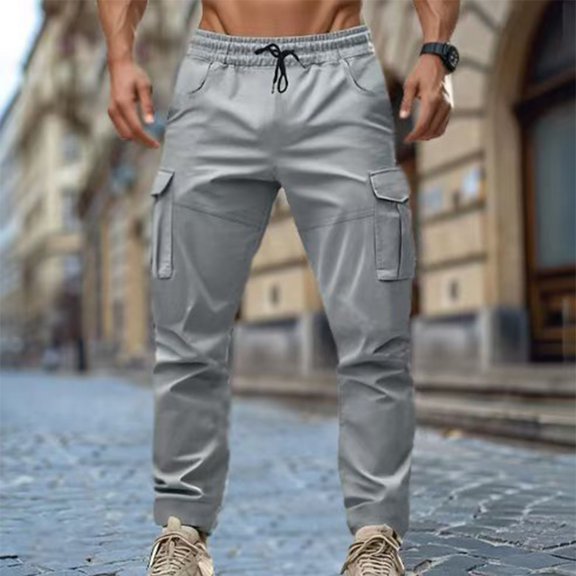Yaoyar Men's Solid Color Retro Style Casual Pants Drawstring Waist with Cargo Pockets Comfortable Workwear Design Long Pants,S,Gray
