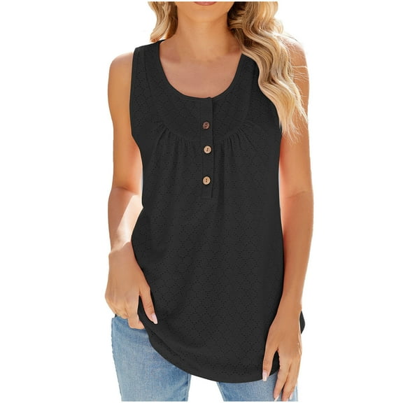 ATOYSOY Women's Pleated Tank Tops Flowy Tunic Sleeveless Trendy Camisole Button Activewear Casual Undershirt Running Yoga Tops Girls Basic Tees Summer Workout Black L