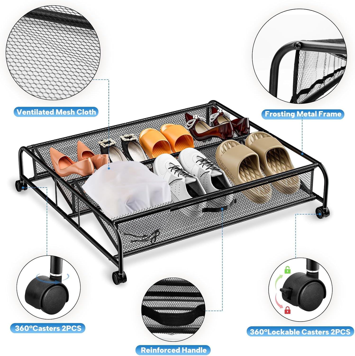 XZKING Under Bed Shoe Storage with Wheels 2 Pack Rolling Under Bed Storage Containers for Shoes Metal Shoe Rack Organizer Bedroom