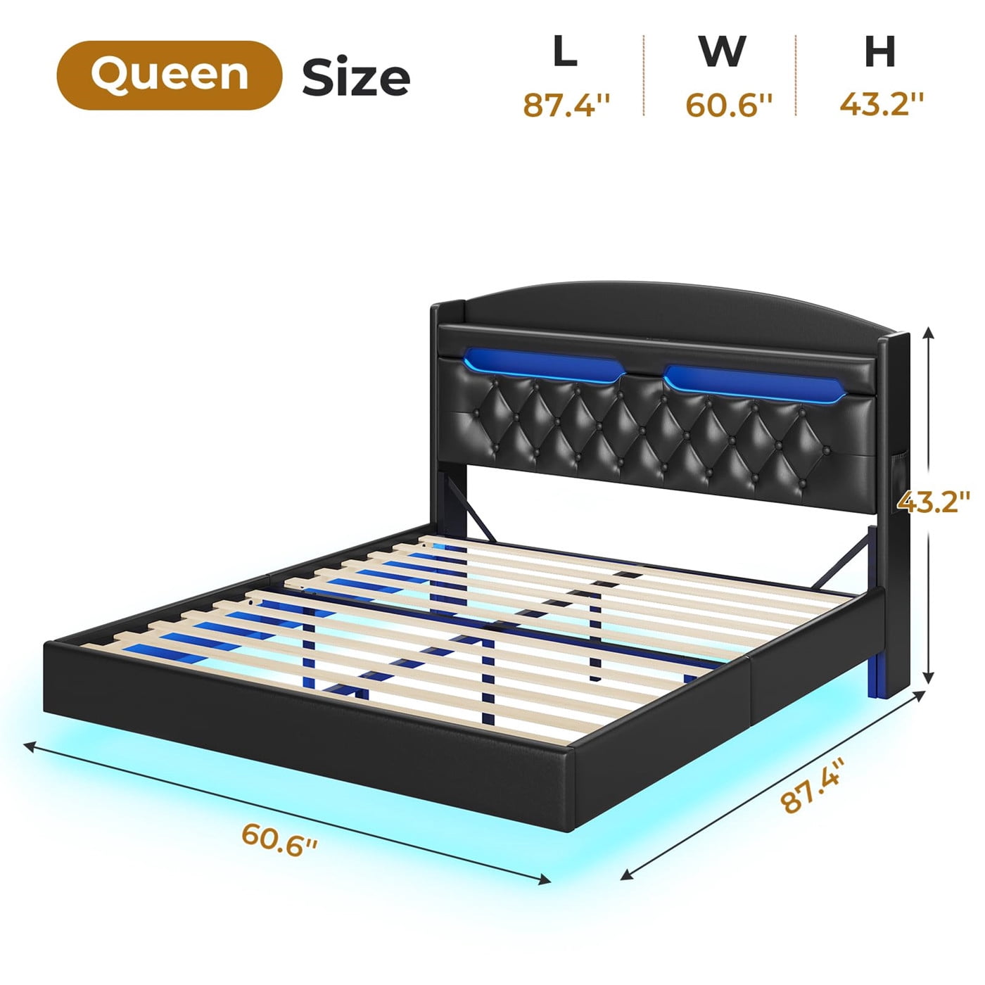 Floating Bed Frame Queen Size with Hidden Storage Headboard, Floating Platform Bed with LED Light and Charging Station, No Box Spring Needed, PU Black