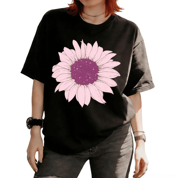 Cozymy Women's Pink Sunflower Minimal Floral Aesthetic Botanical Graphic Short Sleeve T-Shirt Effortless Everyday Tees