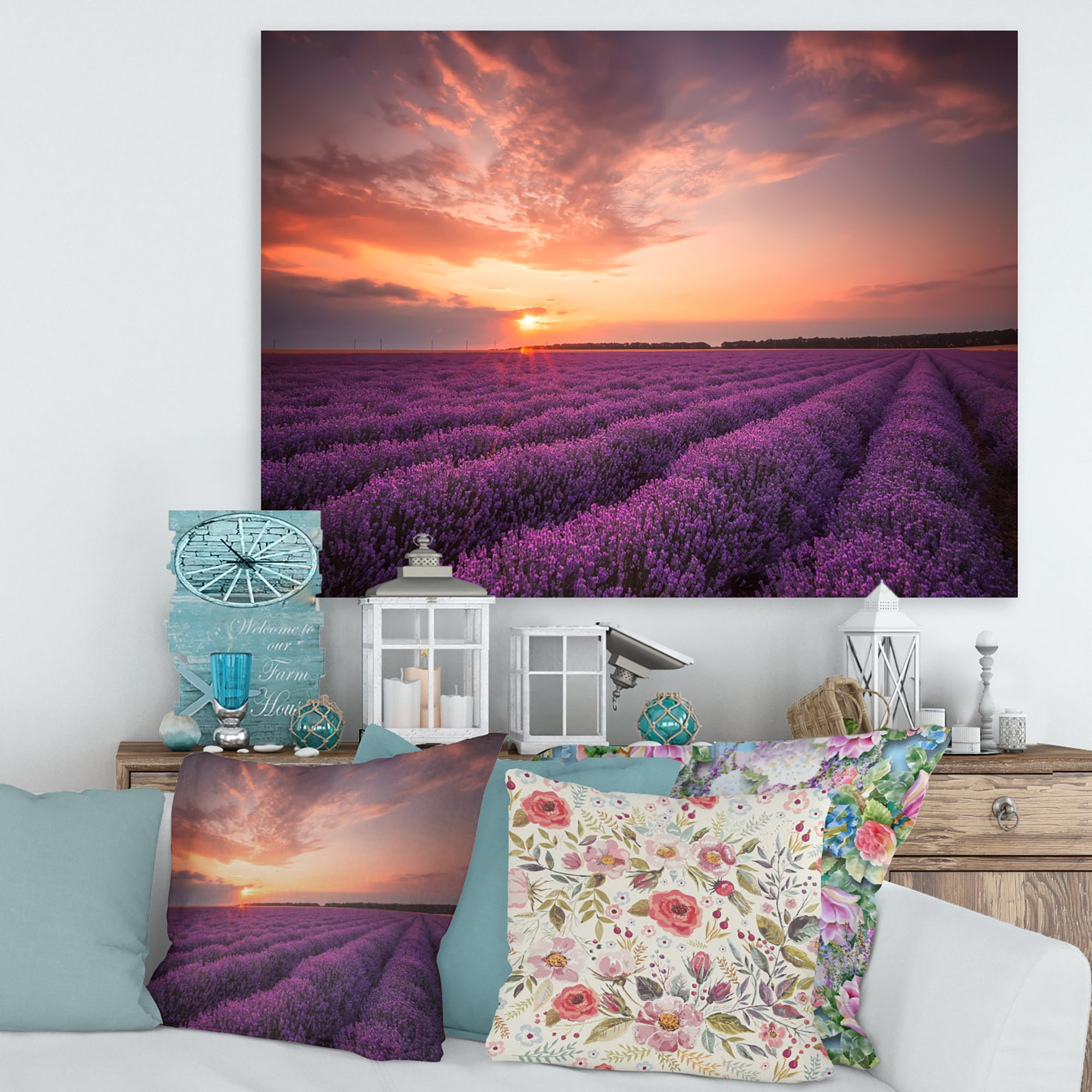 Designart ' Dramatic Clouds and Sunrise Over Lavender Field XII ' Farmhouse Canvas Wall Art Print
