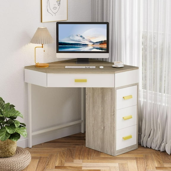 Corner Desk, Triangle Computer Desk with 4 Drawers, 90 Degree Writing Desk Makeup Vanity Desk