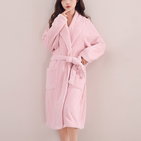 Womens Terry Cloth Bathrobe Long Sleeve Plush Wrap Robe with Belt Pockets Soft Cozy Sleepwear for Home Spa Lounge Wear