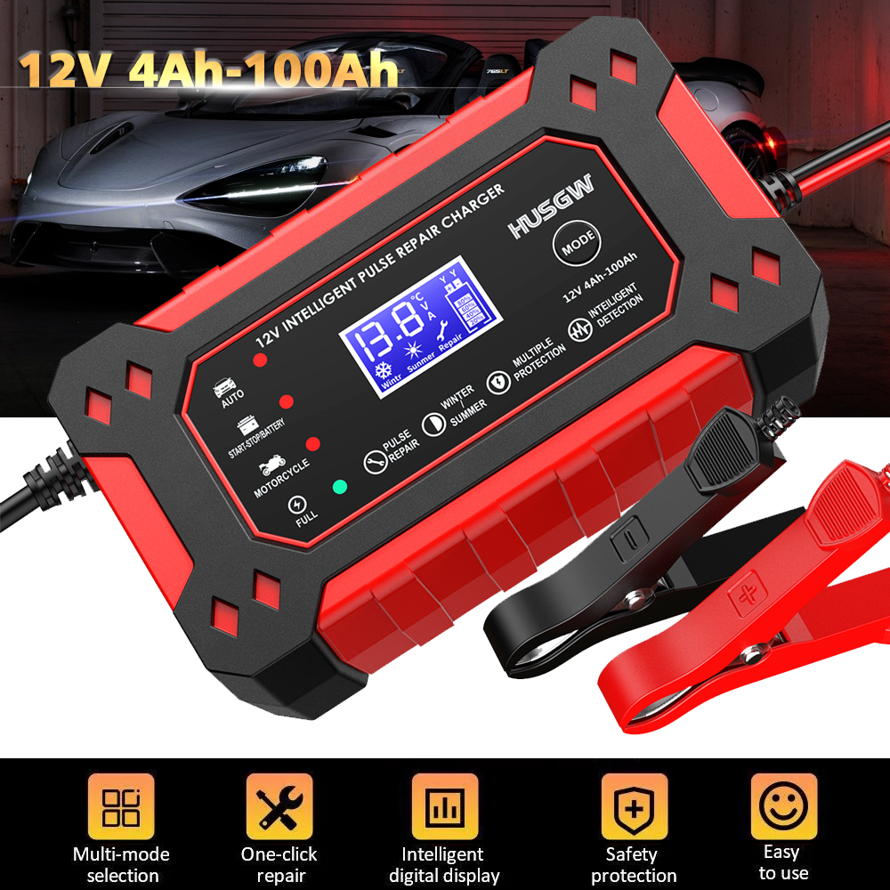 HUSGW 12V6A Car And Motorcycle Battery Charger Lead-Acid Battery Smart Charger Battery Repair Activation Charger