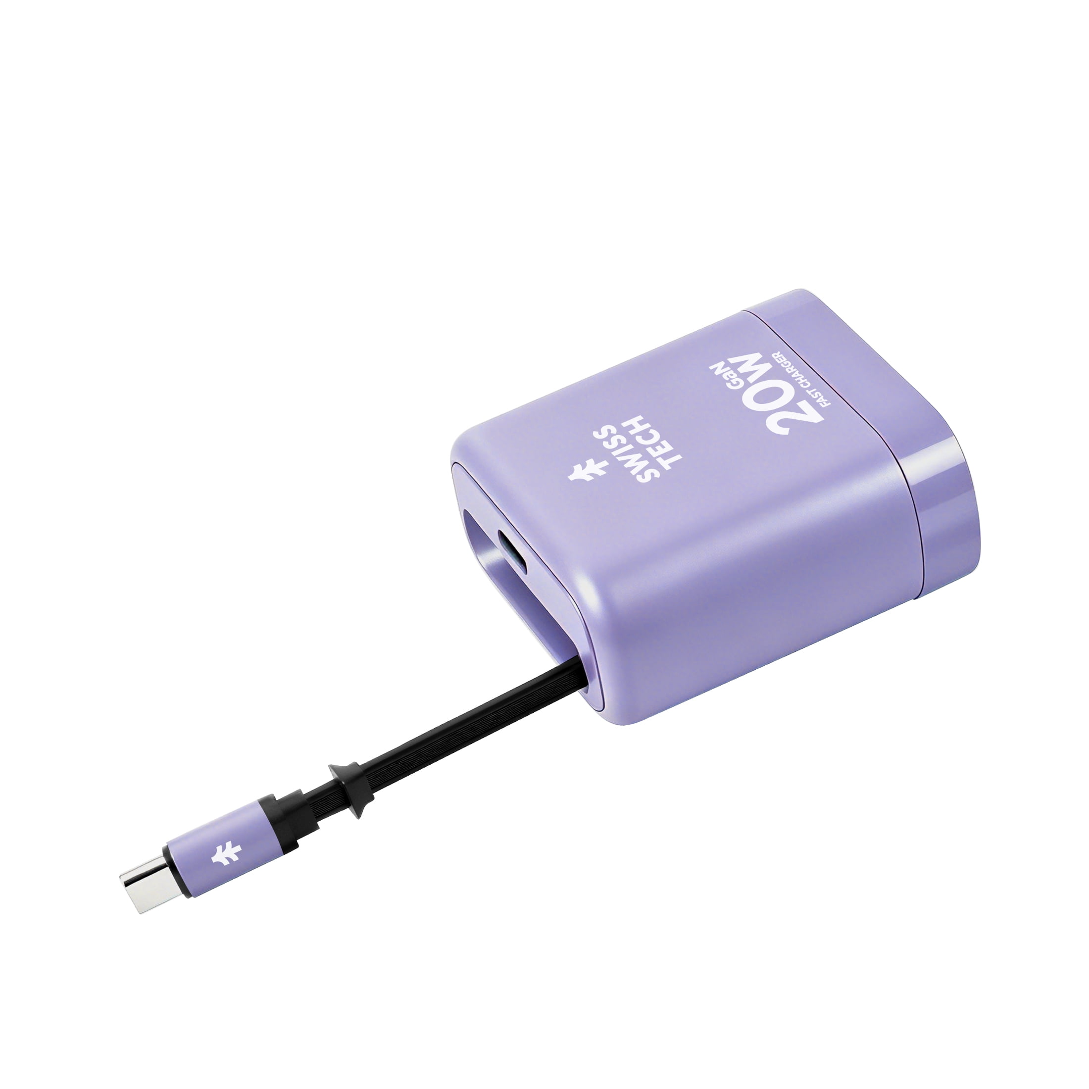 Swiss Tech Mussen 20W USB-C Wall Charger with Retractable Cable, Fast PD Charging, Myrtle Purple