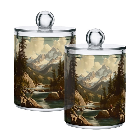 Yayeee 2 Pack Qtip Holder Bathroom Cotton Swab Canister with Lid Clear Dispenser Set, Snow Mountains