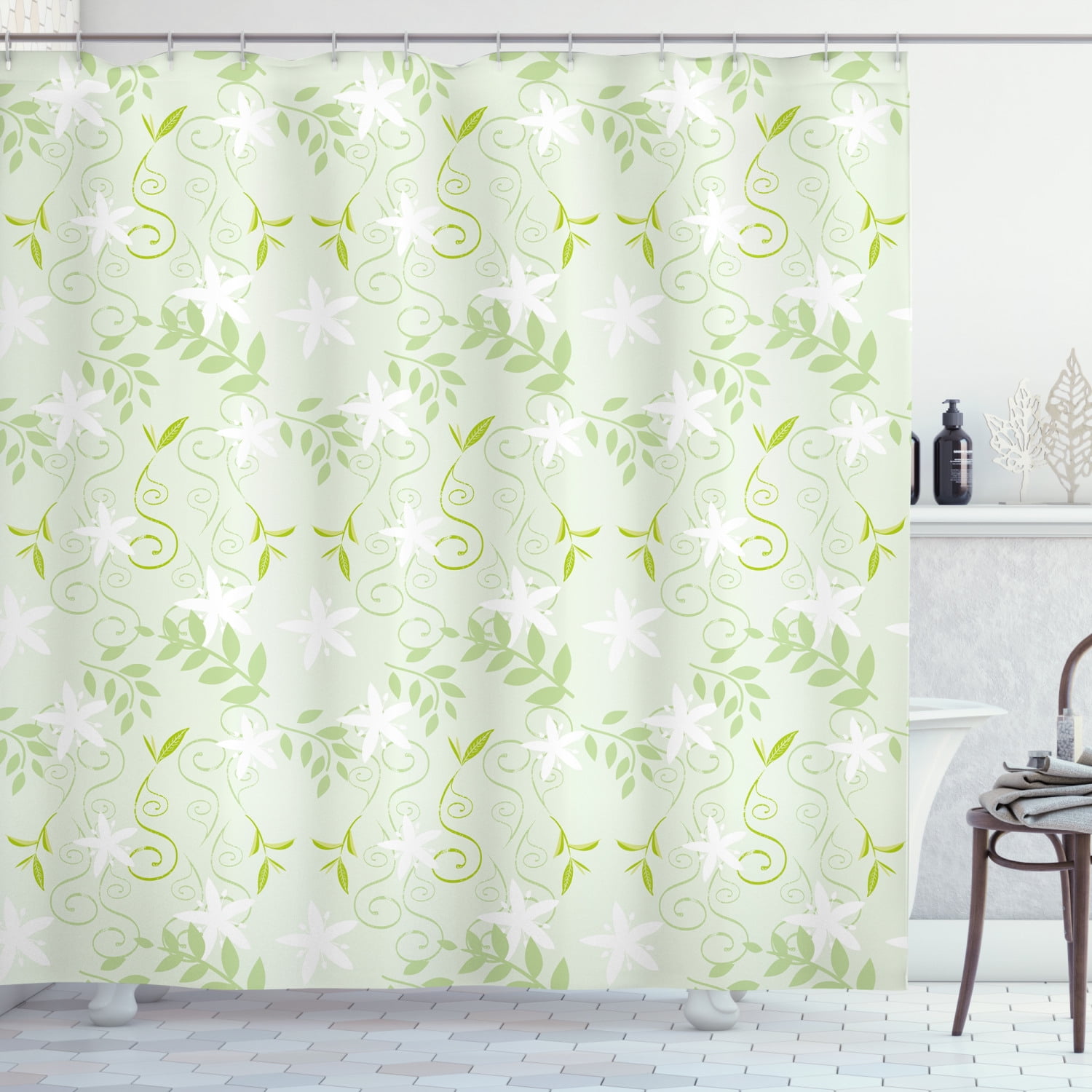 Mint Shower Curtain, Swirling Floral Branches with Leaves and Flower Florets Nature Print